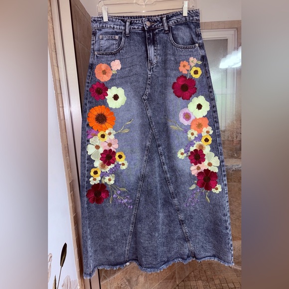 Dresses & Skirts - Upcycled Art to Wear Floral Embroidered A-line Denim Maxi Skirt